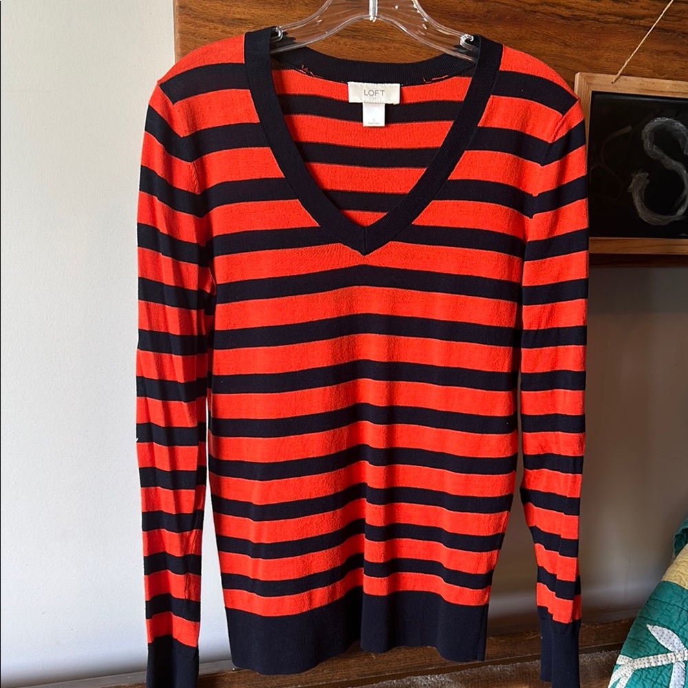 LOFT V-Neck orange and navy Striped Sweater